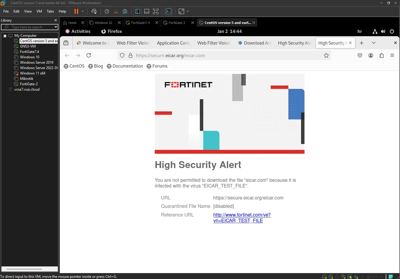 FortiGate High Security Alert blocking EICAR test file download