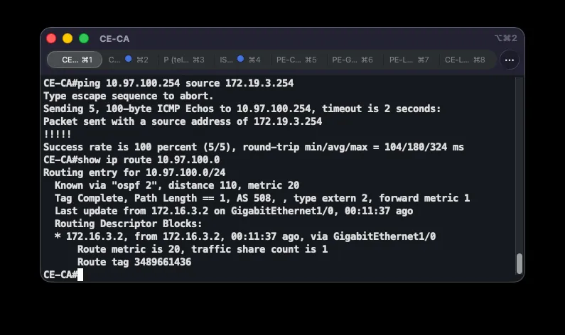 CE-CA reaching the DC virtual IP and routing to 10.97.100.0/24 via OSPF/MPLS