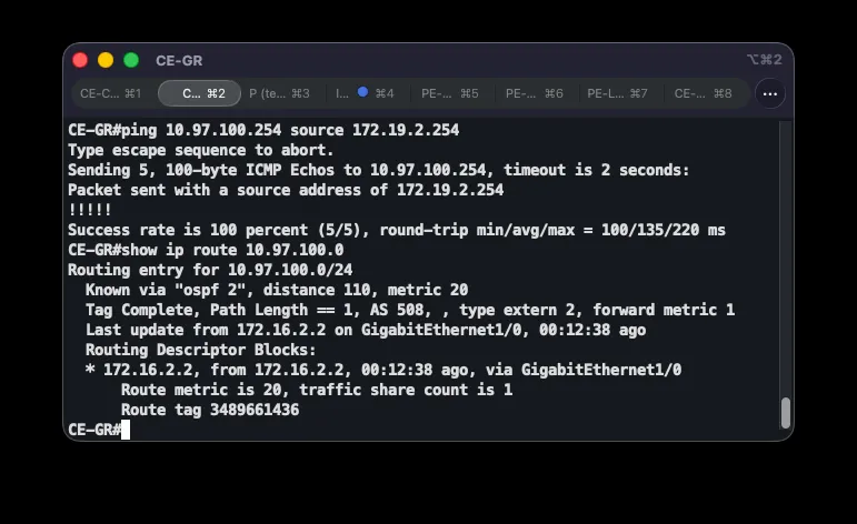 CE-GR reaching the DC virtual IP and routing to 10.97.100.0/24 via OSPF/MPLS