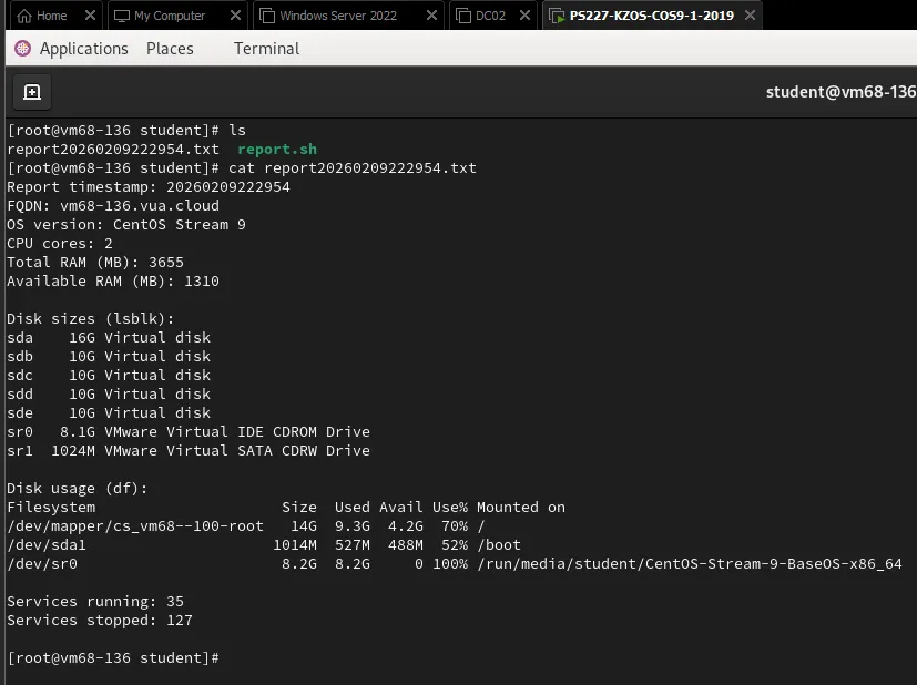 Bash report.sh script — system report generation with disk usage warning logic