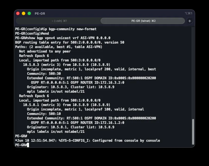 BGP VPNv4 default-route candidates on PE-GR — community 508:30/local-pref 200 wins over 508:10/local-pref 100