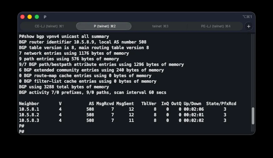 MP-BGP VPNv4 neighbor summary on the P router showing three established sessions