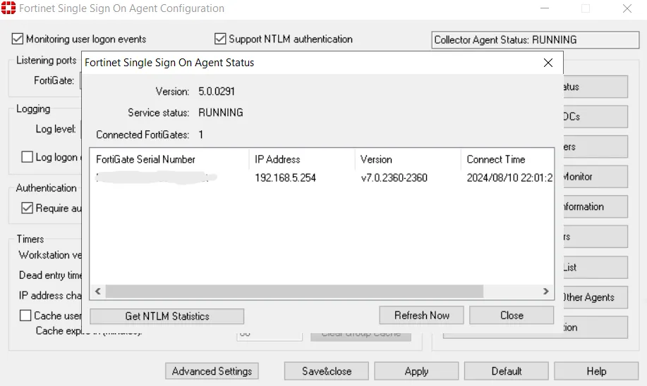 FSSO Agent v5.0.0291 showing RUNNING status with connected FortiGate