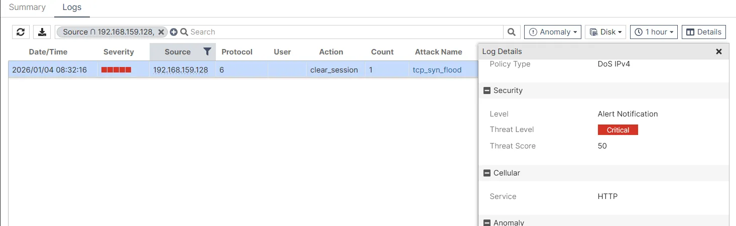 IPS logs detecting TCP SYN flood anomaly with Critical threat level