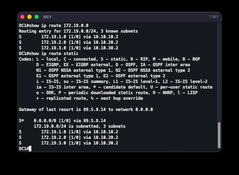 Before migration 2: DC1 static route to the branch LAN