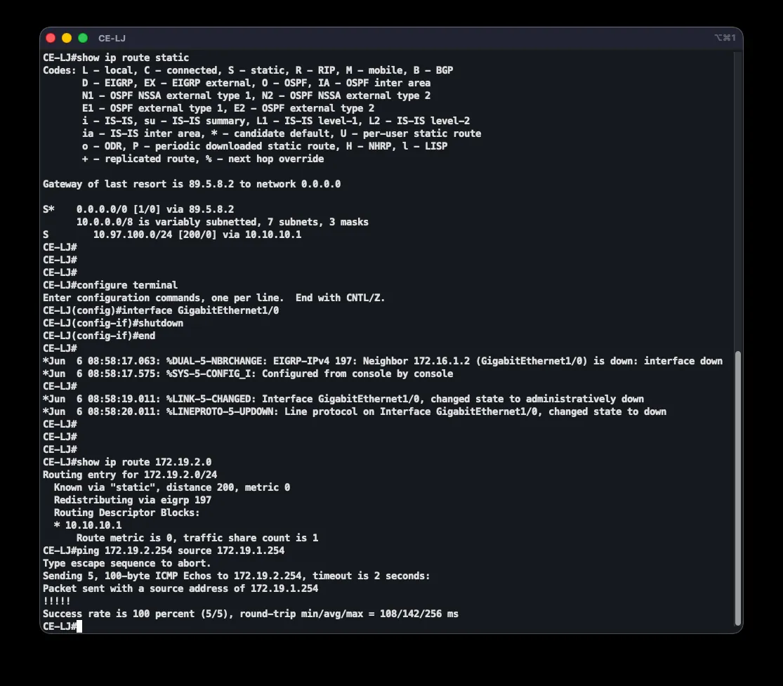 MPLS to GRE+IPsec failover test sequence on CE-LJ