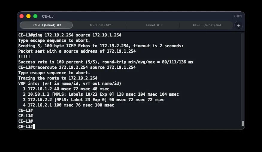 Traceroute from CE-LJ to CE-GR showing MPLS labels through the provider core