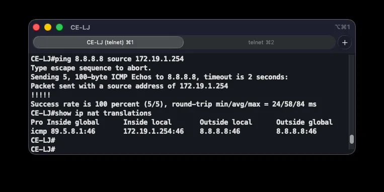 NAT/PAT translation table on CE-LJ