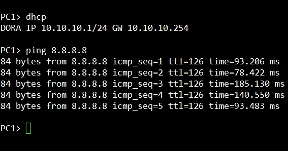 Ping test from PC1 to 8.8.8.8 confirming internet connectivity