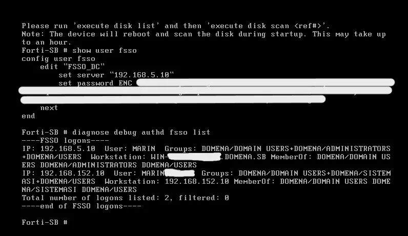 FortiGate CLI showing FSSO connector configuration and active user sessions