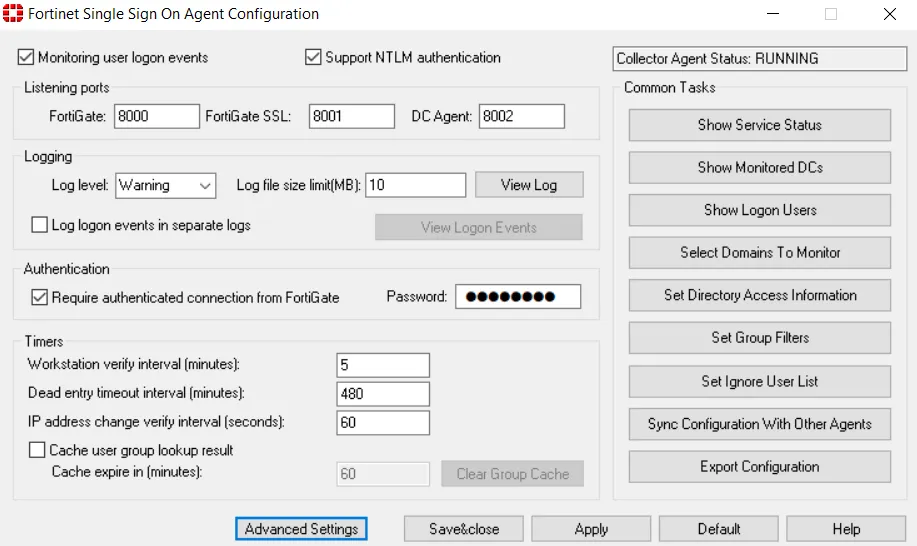 FSSO Agent listening ports and authentication settings