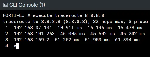 Traceroute showing traffic through the backup route via port1 after failover
