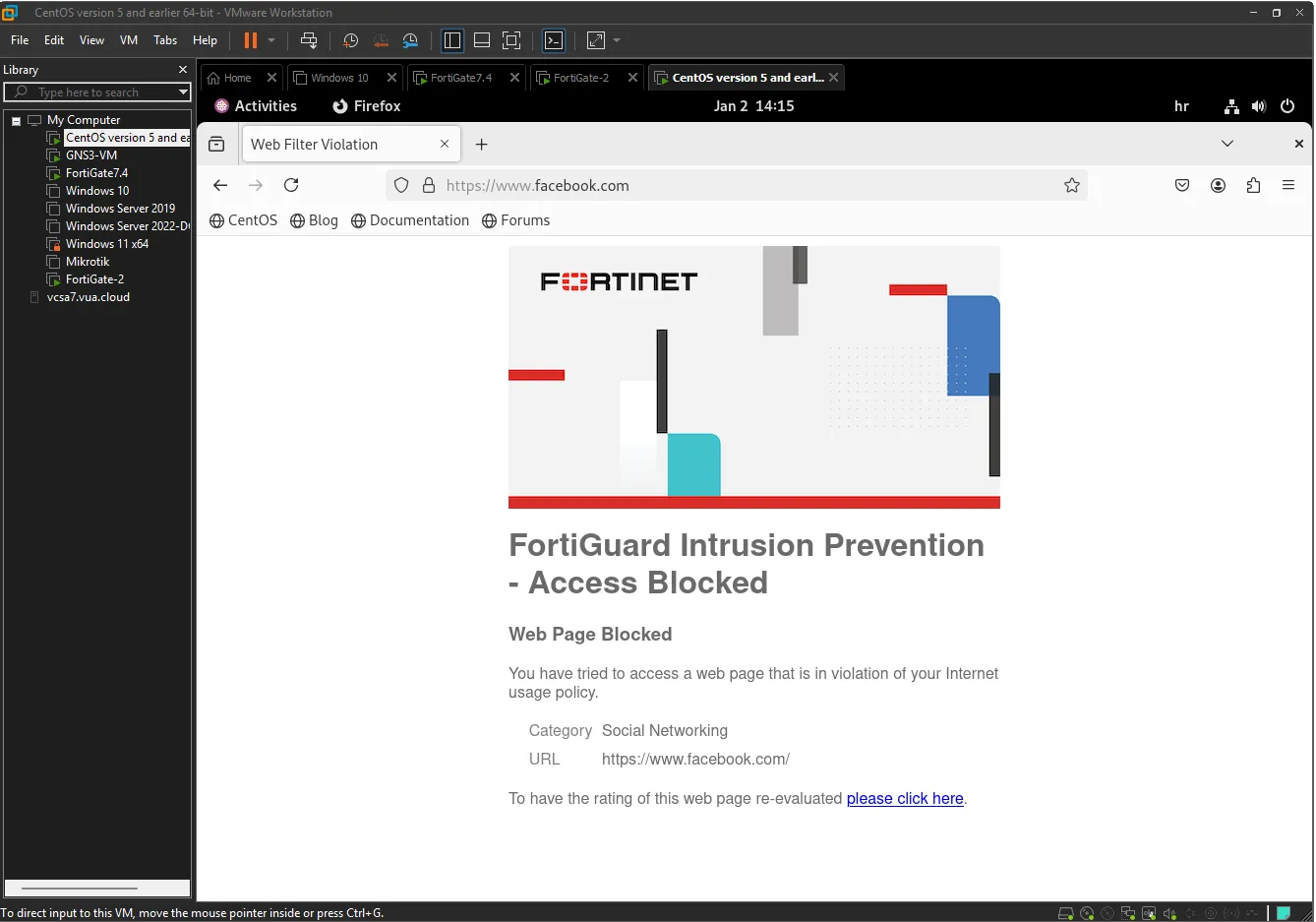 FortiGuard block page displayed when accessing Facebook