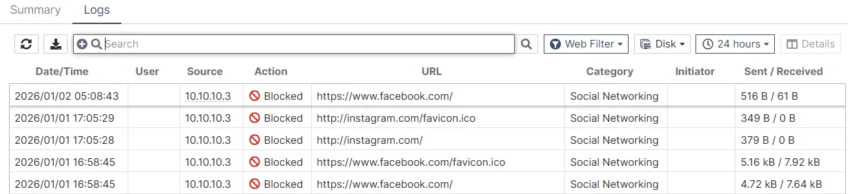 FortiGate logs showing blocked access to Instagram and Facebook